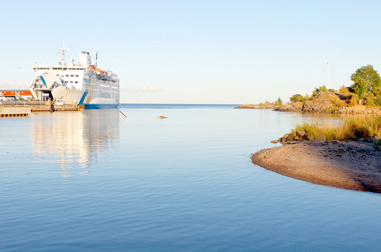 Passenger ferry in the port of Eckerö in the evening.