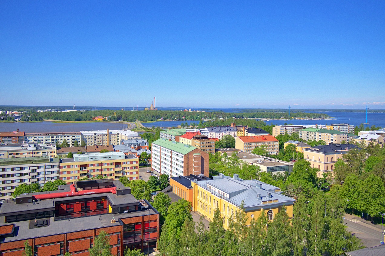 Vaasa's city skyline seen from the sea.