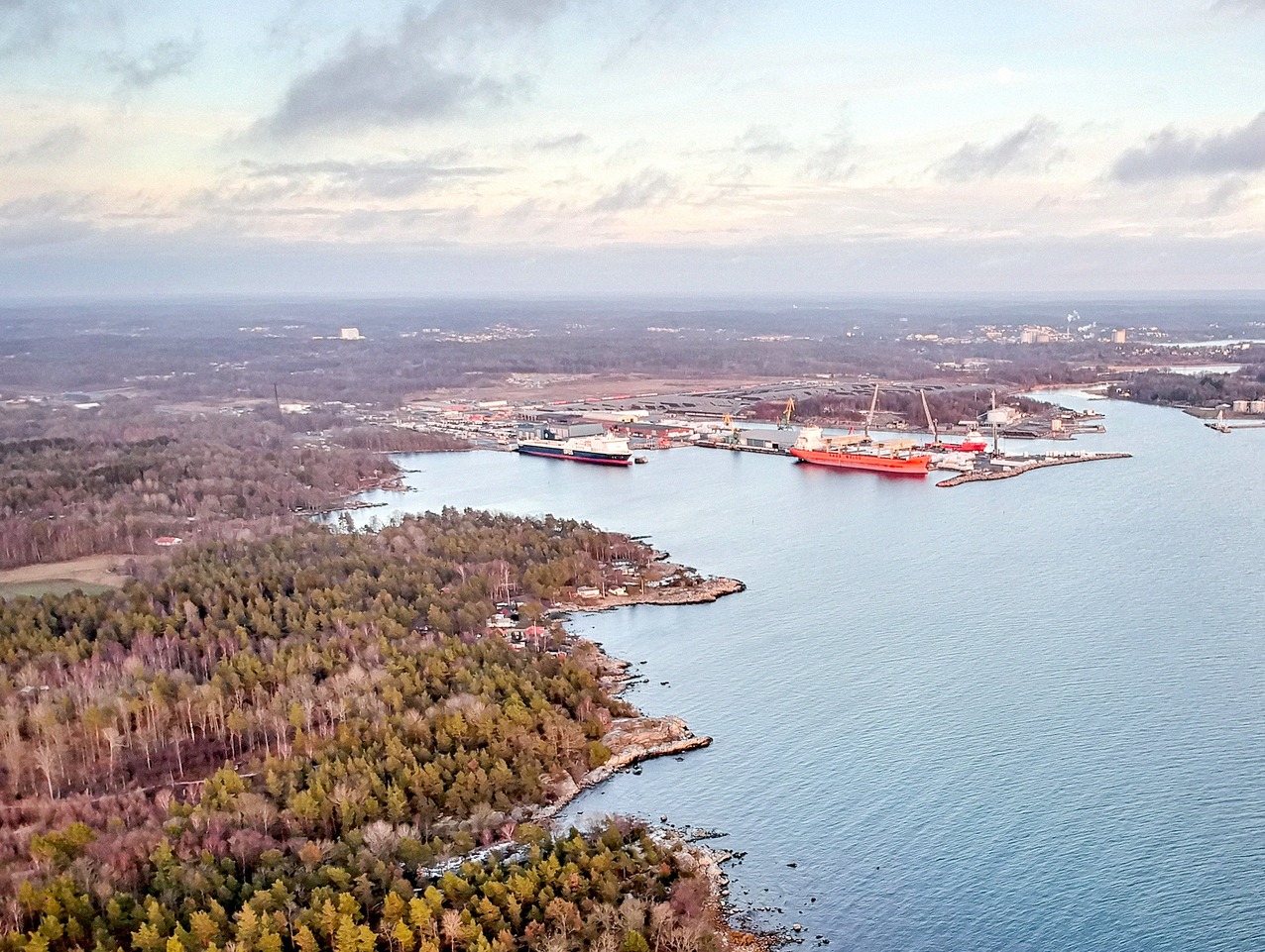 Aerial view of Karlshamn harbour in winter, with the cargo quays in the foreground.