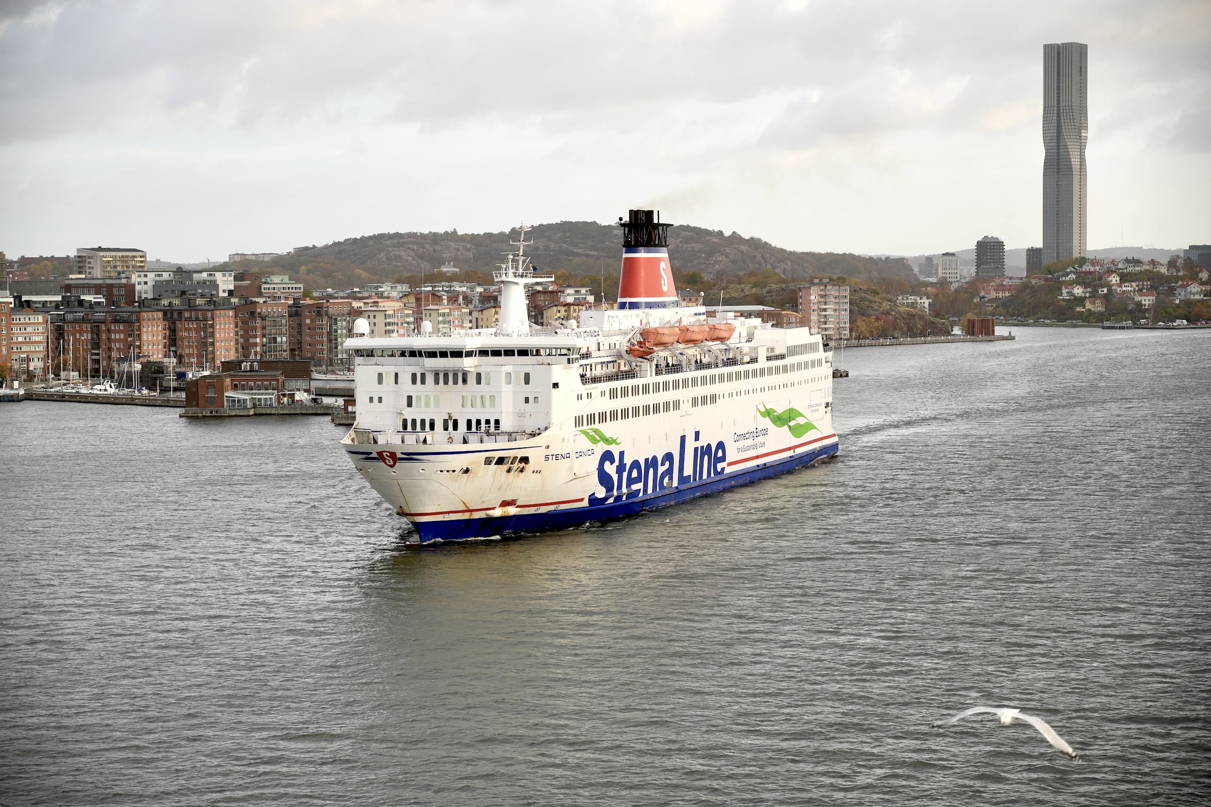 The ferry Stena Danica leaves the port of Gothenburg heading for Denmark.